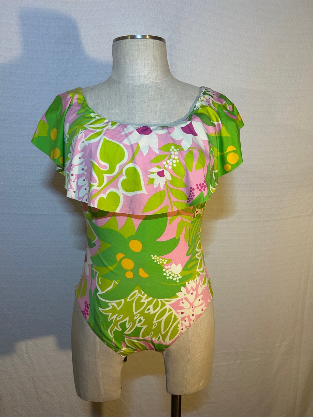Trina Turk Pink & Green Floral Off-Shoulder Kids One-Piece Swimsuit